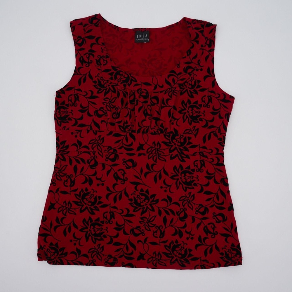 JKLA California red top with black flocked velvet flowers